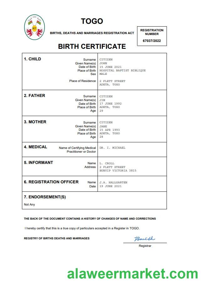 Togo vital record birth certificate Word and PDF template